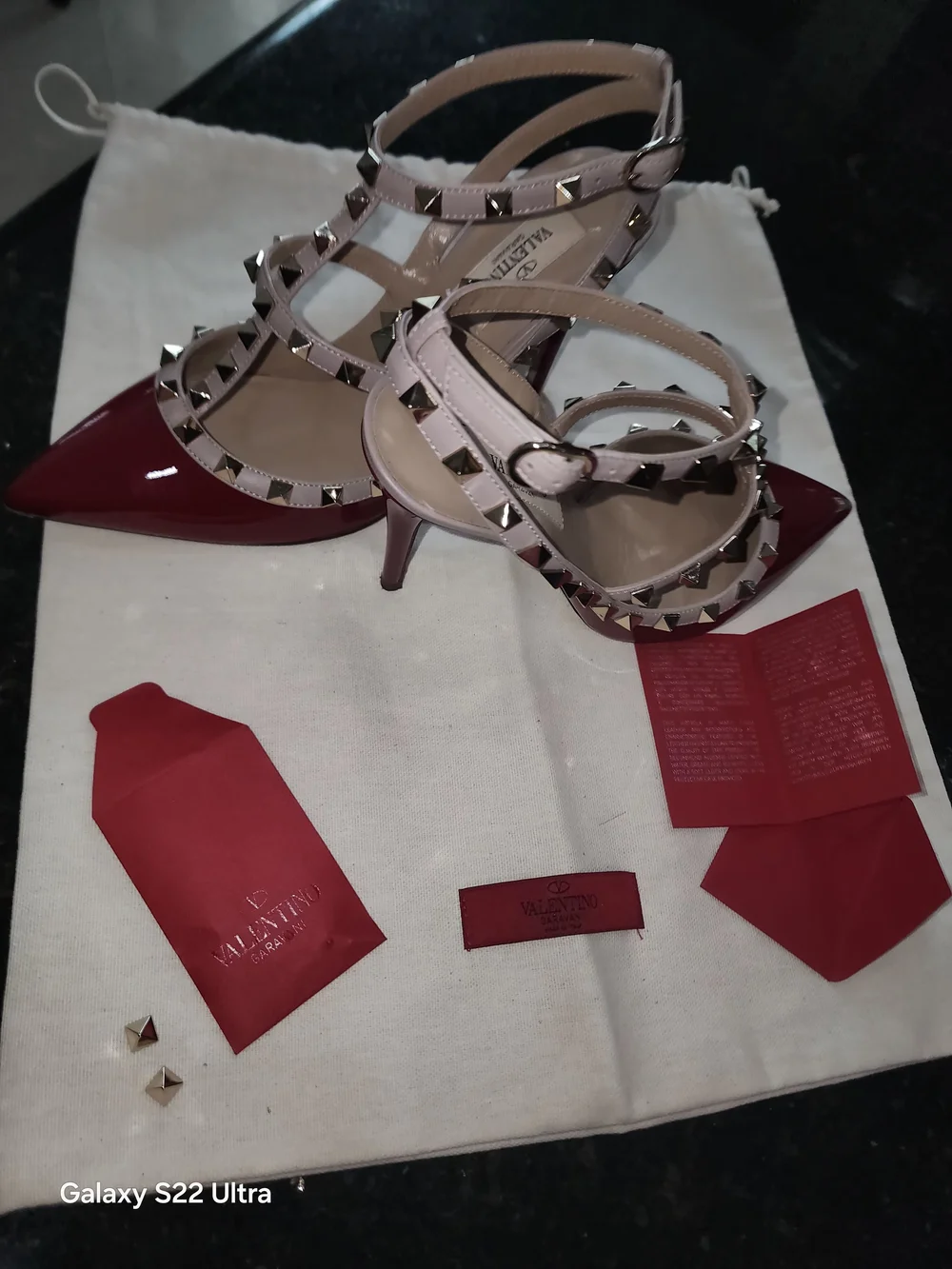 Valentino Garavani Red Patent Leather Rockstud T-Strap Pumps with Nude Straps